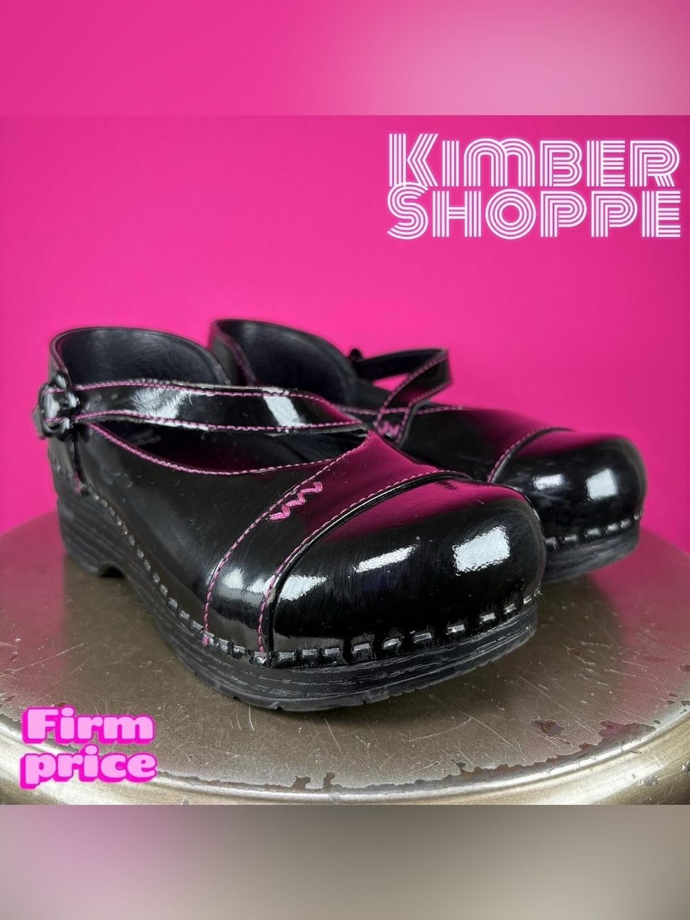 Dansko Black Patent Leather Pink Stitching Mary Jane Clog Youth EU 32 US 13